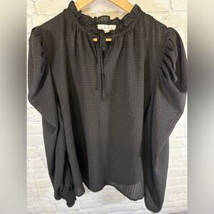 THML Black Poet Sleeve Romantic Feminine Swiss Dot Ruffle Tie Neck Blouse L